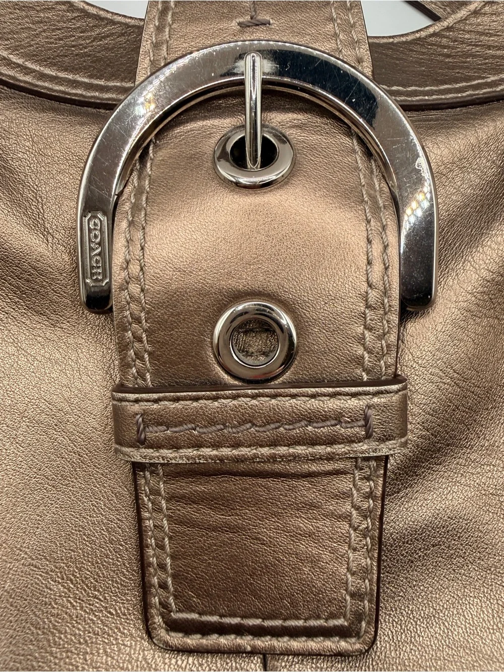 Coach Metallic Bronze Leather Shoulder Bag with Buckle Detail